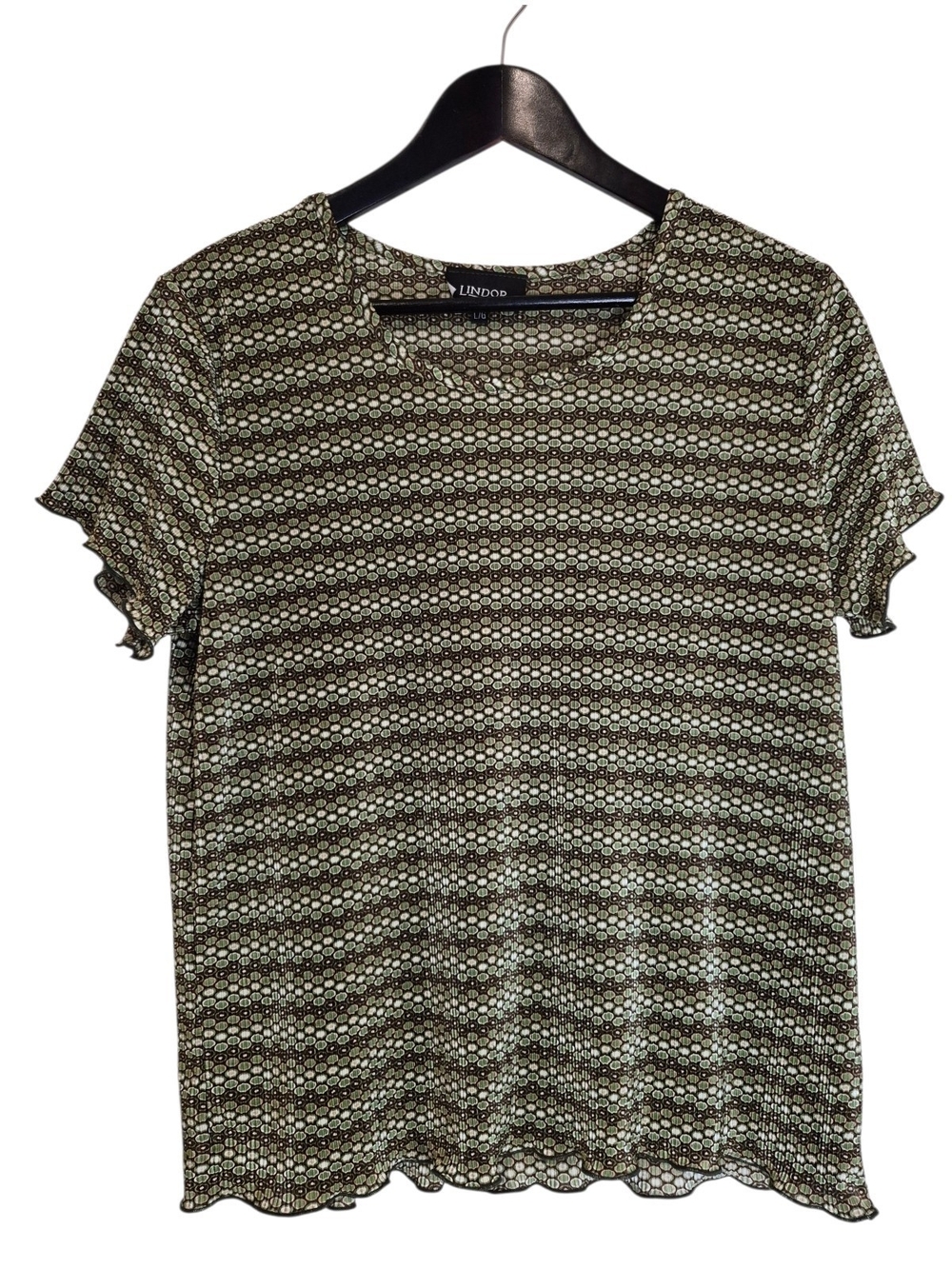 Lindor Vintage Y2K Plisse Geometric Short Sleeve Top Green Brown Size Large